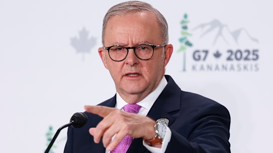 Prime Minister Anthony Albanese holds a press conference after attending the G7 Leaders’ Summit in Kananaskis, Canada, on Tuesday 17 June 2025. fedpol Photo: Alex Ellinghausen