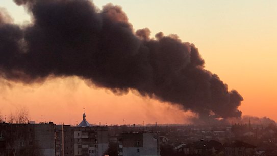 Smoke rises after an explosion in Lviv, western Ukraine, on Friday. The mayor of Lviv said missiles struck near the city’s airport.