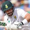 Australia’s wicketkeeper Alex Carey, right, reacts as South Africa’s Aiden Markram plays a shot on day three.