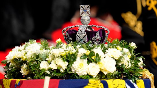 The Imperial State Crown rests on the coffin of Queen Elizabeth II.
