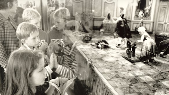 Children enthralled by the Myer Christmas windows on December 20, 1991