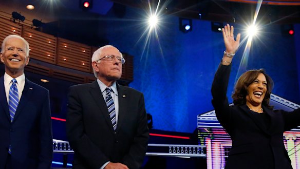 Democratic presidential candidates: former vice-president Joe Biden, left, Senator Bernie Sanders and Senator Kamala Harris.