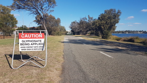 A sign warning that glyphosate is being sprayed. Some councils have stopped using the herbicide, while others have reviewed it. Most, though, still spray with Roundup.