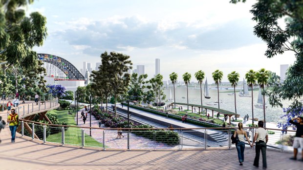 An artist’s impression of a high line at Lavender Bay. The drawing was commissioned in 2017 by a residents’ group, but the government has now committed to the concept.