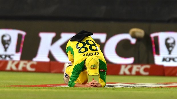 Adam Zampa takes one of his two catches at Newlands, this one helping dismiss Rassie van der Dussen. 