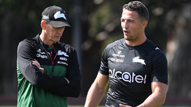 South Sydney's Wayne Bennett and Sam Burgess chat during an energy-sapping 2019 campaign.