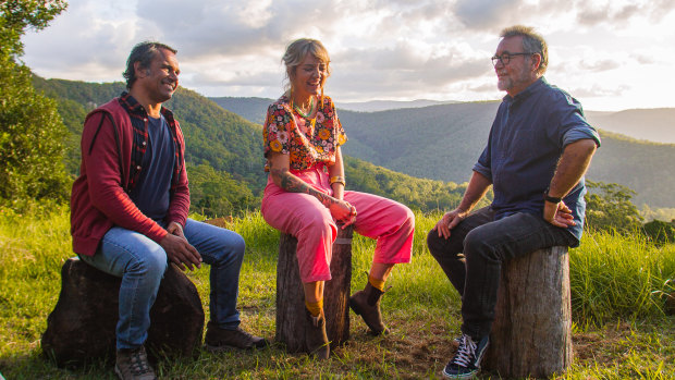 Aaron Pedersen and Holly Ringland with John Williamson in Back To Nature. 