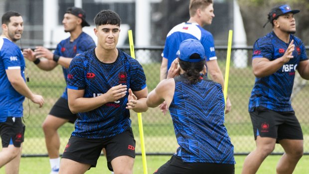 Blaize Talagi works with Jarome Luai in Samoan camp.