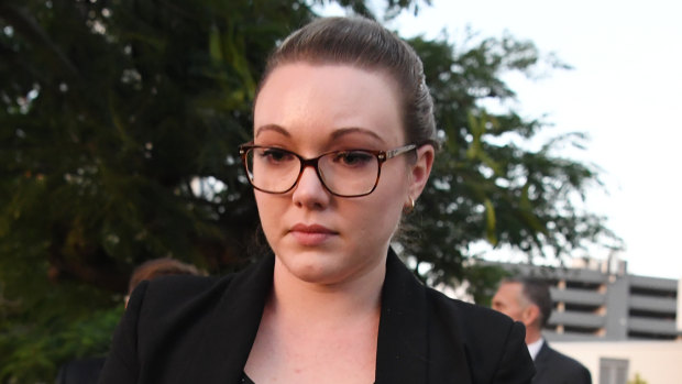 Thunder River Rapids Ride operator Courtney Williams leaves the inquest into the Dreamworld disaster at the Magistrates Court at Southport on Wednesday.