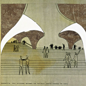 The competition drawing for the opera house staircase between the two halls, submitted  by Jorn Utzon in 1956.