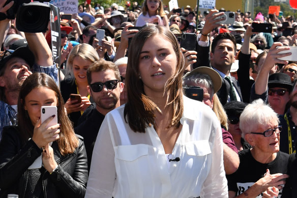 Brittany Higgins, allegedly raped while working at Parliament House, at the March 4 Justice rally this year.
