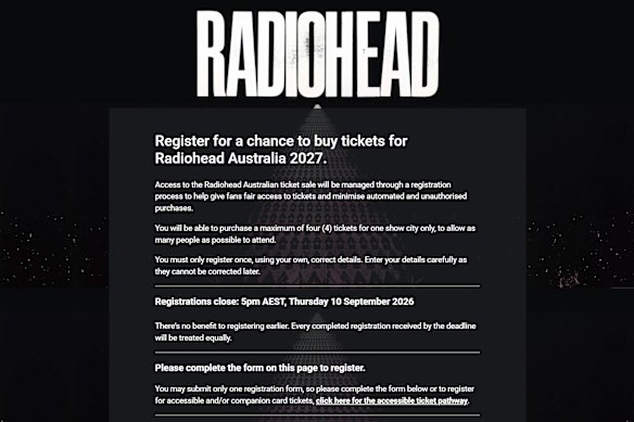 A screenshot of the Radiohead registration page.