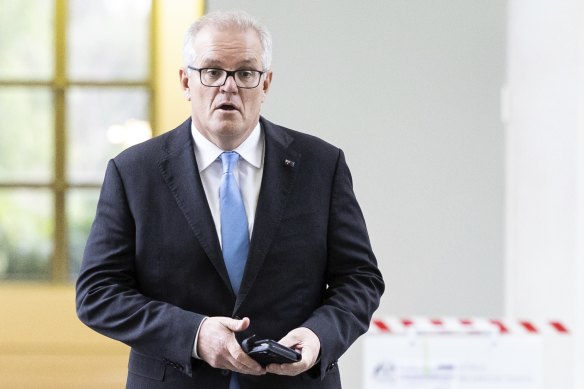 Scott Morrison arriving for the Liberal partyroom meeting after his defeat on May 21.