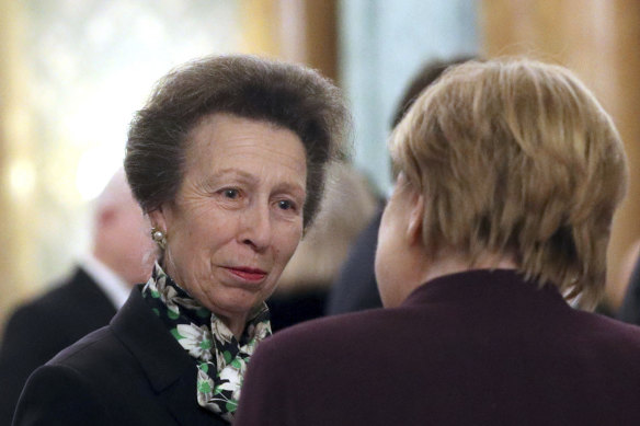 Britain's Princess Anne, left, talks to the Chancellor of Germany Angela Merkel during a reception at Buckingham Palace.