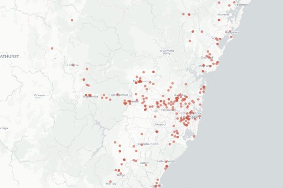Data from the Australian Museum’s Frog ID project shows where dead and sick frogs have been reported in the Sydney area.