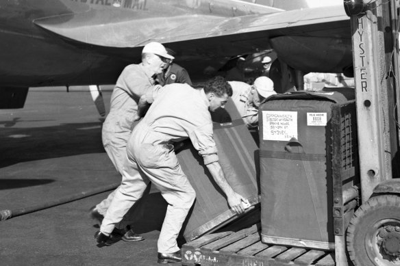 Two insulated containers of Salk vaccine for polio arrive at Mascot Airport in Sydney,  June 1956. 