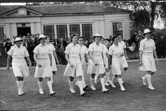 The Australian women’s cricket team take the field in Kent in 1951.