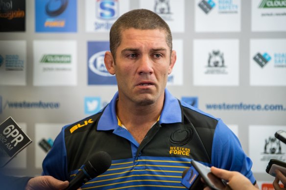 Matt Hodgson struggles to hold back his tears after RugbyWA’s appeal against the Force’s axing was dismissed in 2017.