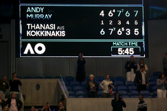 The scoreboard shows the match time of five hours and 45 minutes after Andy Murray’s five-set win over Thanasi Kokkinakis at this year’s Australian Open.
