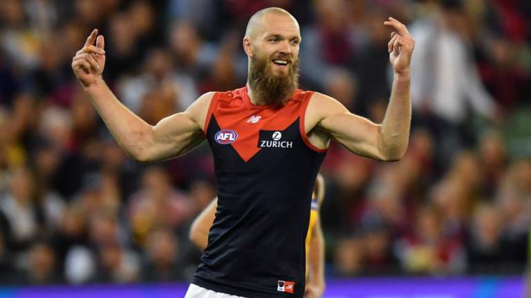 Max Gawn celebrates against the Hawks on Friday night.