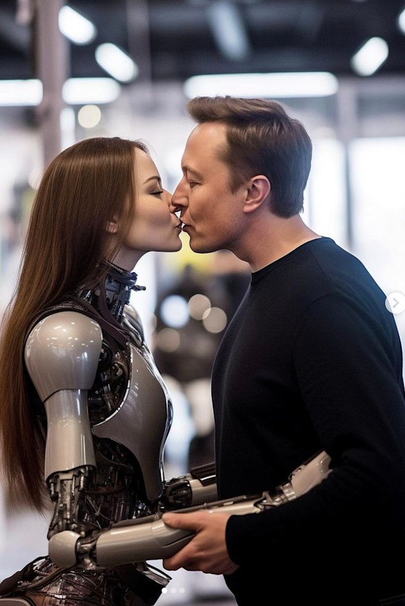 AI-generated art of billionaire entrepreneur Elon Musk embracing a lifelike robot. The image was created using Midjourney, the AI image generator, by Guerrero Art. 
