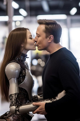 AI-generated art of billionaire entrepreneur Elon Musk embracing a lifelike robot. The image was created using Midjourney, the AI image generator, by Guerrero Art. 
