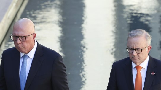 Opposition Leader Peter Dutton and Prime Minister Anthony Albanese after the laying of wreaths at the Parliamentary Last Post Ceremony at the Australian War Memorial in Canberra on Monday 3 February 2025. Photo: Alex Ellinghausen