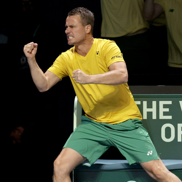 Lleyton Hewitt cheers on his team at a 2023 Davis Cup quarter-final match in November.