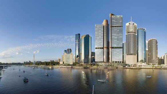 An artist’s impression of the Waterfront Brisbane development, with Riparian Plaza to the right.
