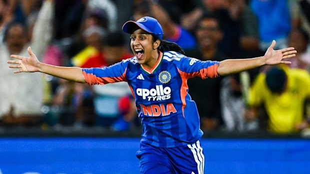 Jemimah Rodrigues celebrates after taking the outfield catch to dismiss Australia’s top run-scorer, Ashleigh Gardner.