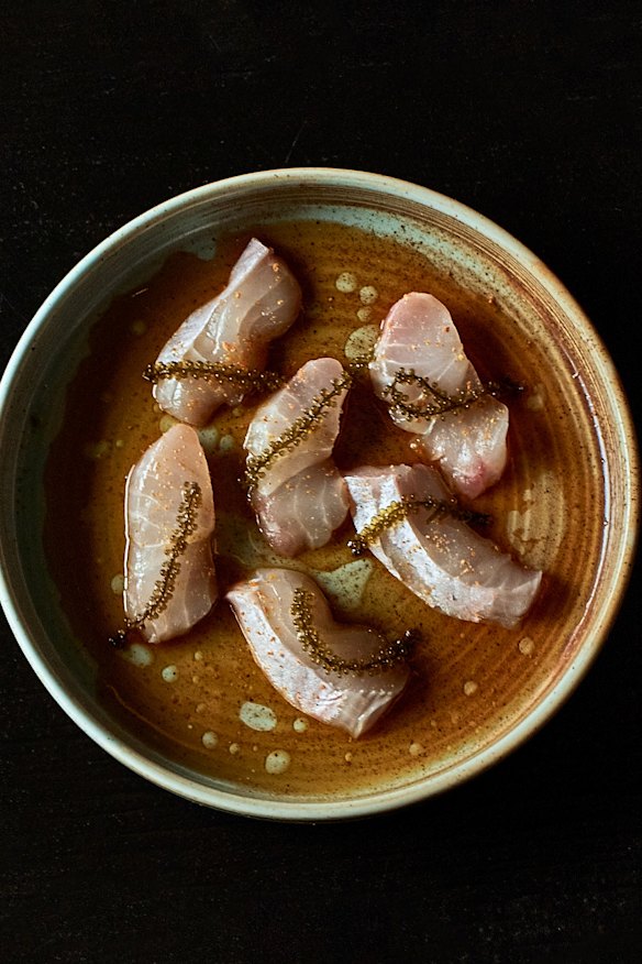 Alfonsino, kombu oil, orange, sea grapes.