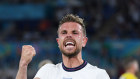 Jordan Henderson of England celebrates after scoring their side’s fourth goal during the UEFA Euro 2020 Championship Quarter-final match between Ukraine and England at Olimpico Stadium in Rome.