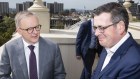 Prime Minister Anthony Albanese and Victorian Premier Daniel Andrews on the roof of the Royal Exhibition Building in Melbourne on Tuesday.