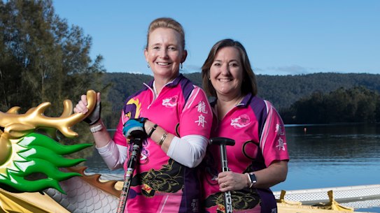 Fiona Dews (at left) and Rose Glassock at the Sydney International Regatta Centre in Penrith, NSW. After surviving breast cancer “the dragon boats brought us together”, says Dews.