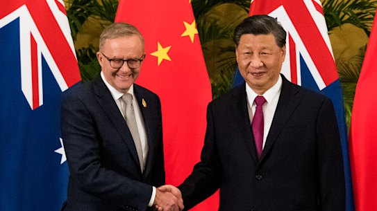 Anthony Albanese greets China’s President Xi Jinping at the G20 summit in Bali
