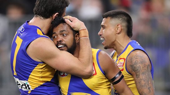 , AUSTRALIA - JUNE 24: Willie Rioli of the Eagles celebrates after scoring a goal during the 2022 AFL Round 15 match between the West Coast Eagles and the Essendon Bombers at Optus Stadium on June 24, 2022 in Perth, Australia. (Photo by Will Russell/AFL Photos via Getty Images)