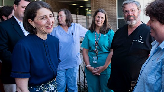 Premier Gladys Berejiklian on the campaign trail at Nepean Hospital on Sunday. 