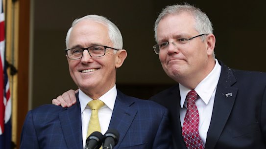 Mathias Cormann, Malcolm Turnbull and Scott Morrison at a joint press conference in 2018.