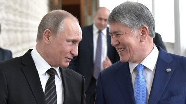 Russian President Vladimir Putin, left, with then Kyrgyz president Almazbek Atambayev in Moscow in 2017.