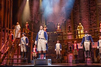 The Hamilton cast on stage at the showâs premiere in Sydney.