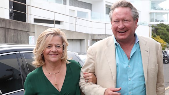 Nicola and Andrew Forrest arrive at Sarah and Lachlan Murdoch’s 20th anniversary party at Bondi Icebergs on Friday.