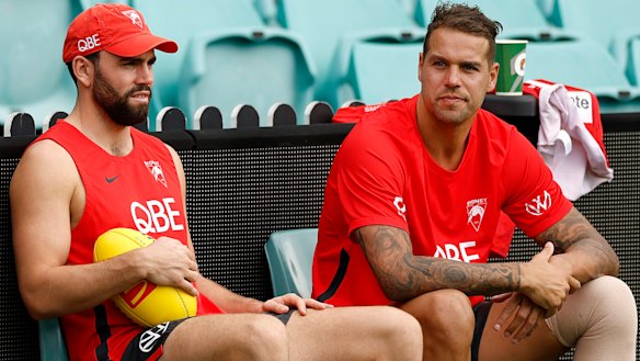 Paddy McCartin and Lance Franklin at Swans training on Tuesday.