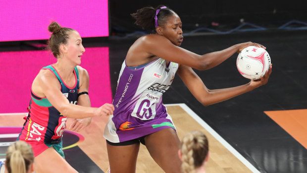 Firebirds shooter Romelda Aiken proves too much for the Vixens defence at Hisense Arena.