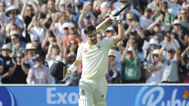England's Rory Burns celebrates after scoring a century during the second day of the first Ashes Test.