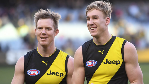 Jack Riewoldt (left) and Tom Lynch after the Tigers win against Port Adelaide.