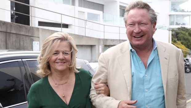 Nicola and Andrew Forrest arrive at Sarah and Lachlan Murdoch’s 20th anniversary party at Bondi Icebergs on Friday.