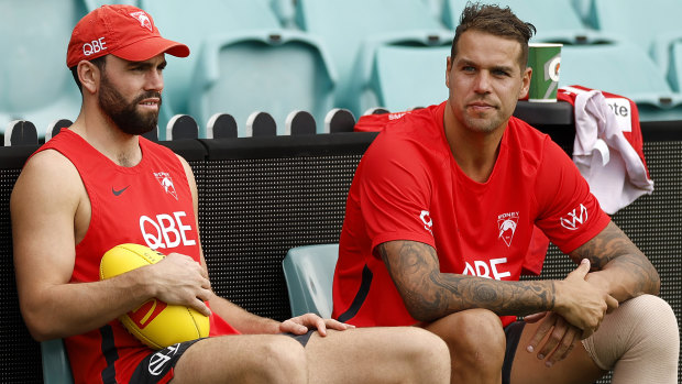 Paddy McCartin and Lance Franklin at Swans training on Tuesday.