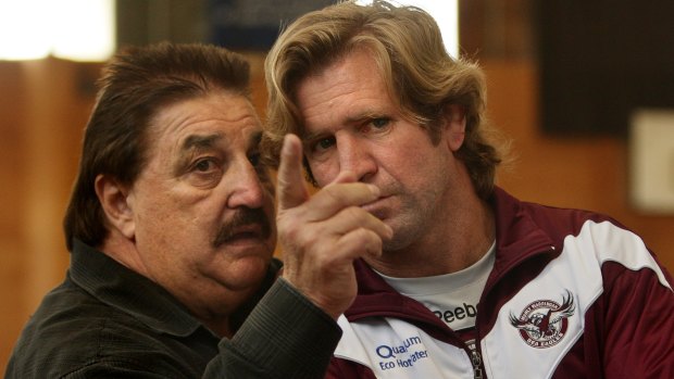 Prodigal son: Des Hasler, right, with Manly official Peter Peters.