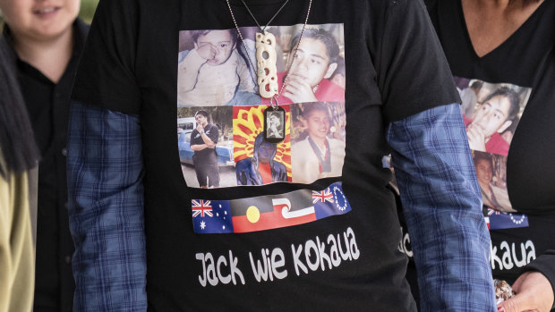 A shirt displaying a tribute to Jack Kokaua, pictured in 2020.