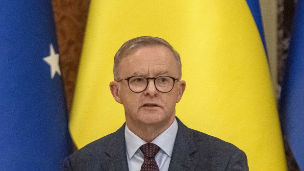 Prime Minister Anthony Albanese, speaks, during a press conference with Ukrainian President Volodymyr Zelensky in Kyiv on Sunday. 